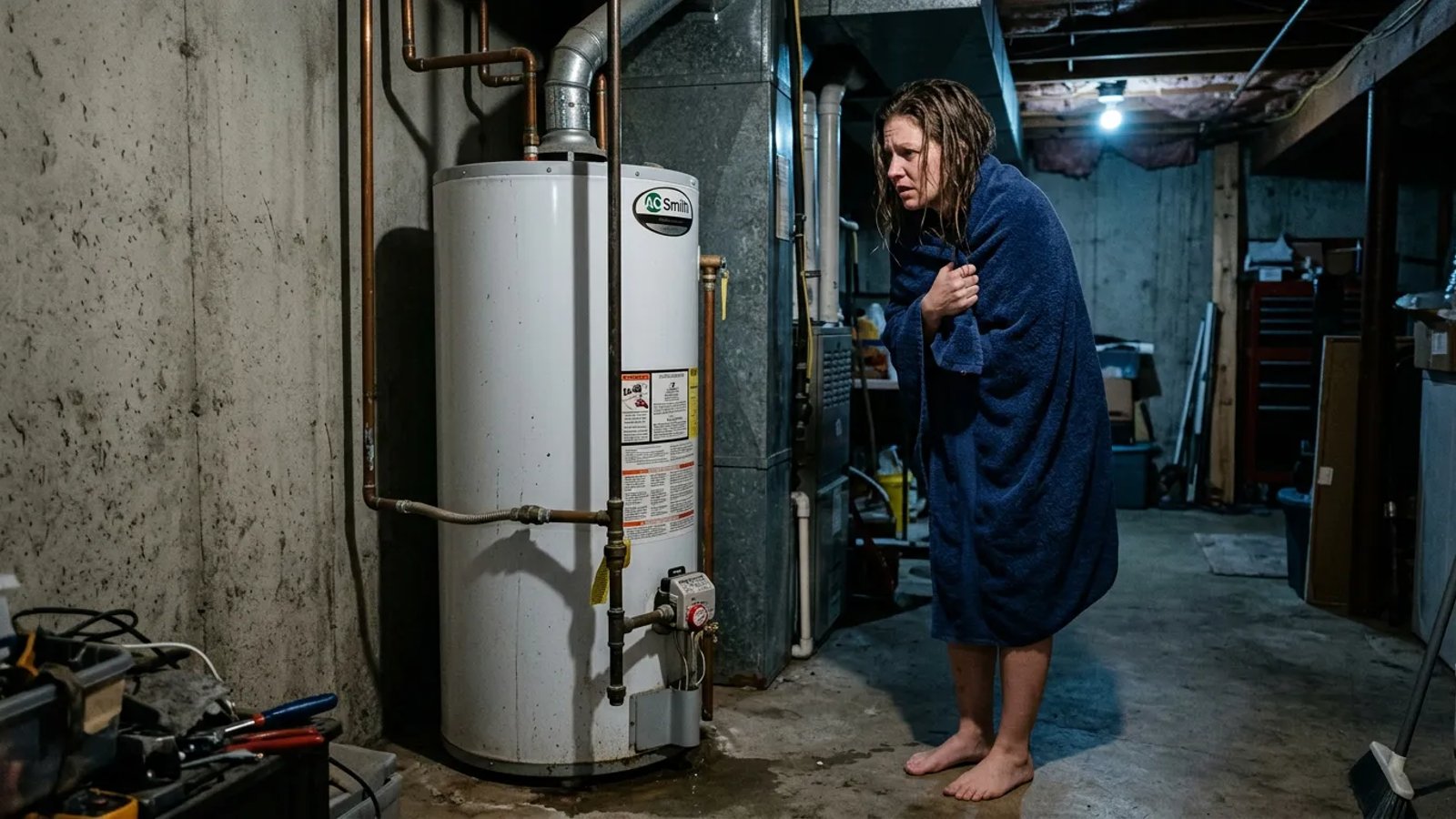 Homeowner looking frustrated at a water heater in a basement.