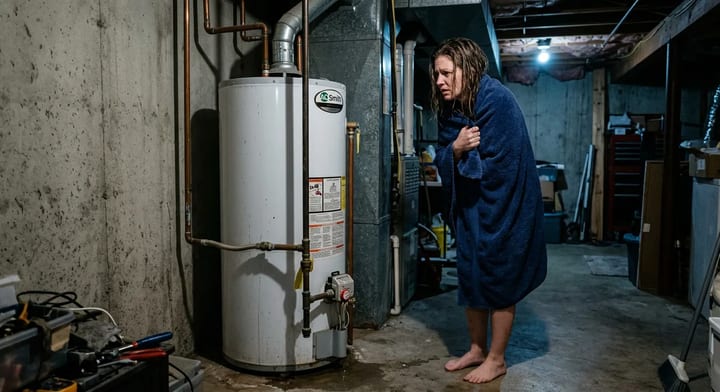 Homeowner looking frustrated at a water heater in a basement.