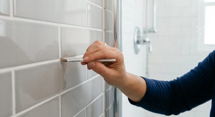 Applying clear grout sealer to shower tile lines