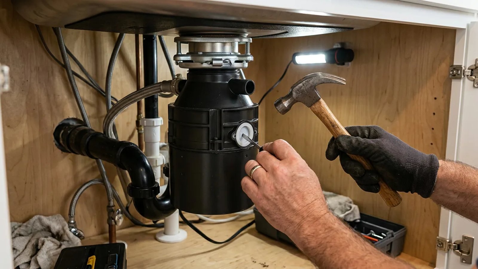 Using a screwdriver and hammer to remove a garbage disposal knockout plug