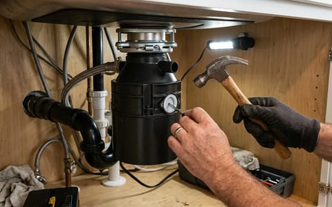 Using a screwdriver and hammer to remove a garbage disposal knockout plug