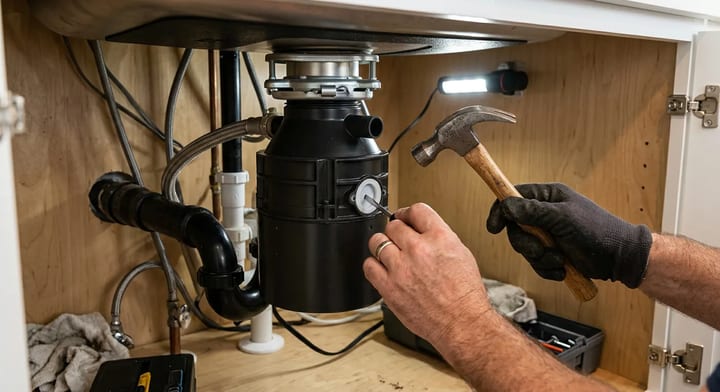 Using a screwdriver and hammer to remove a garbage disposal knockout plug