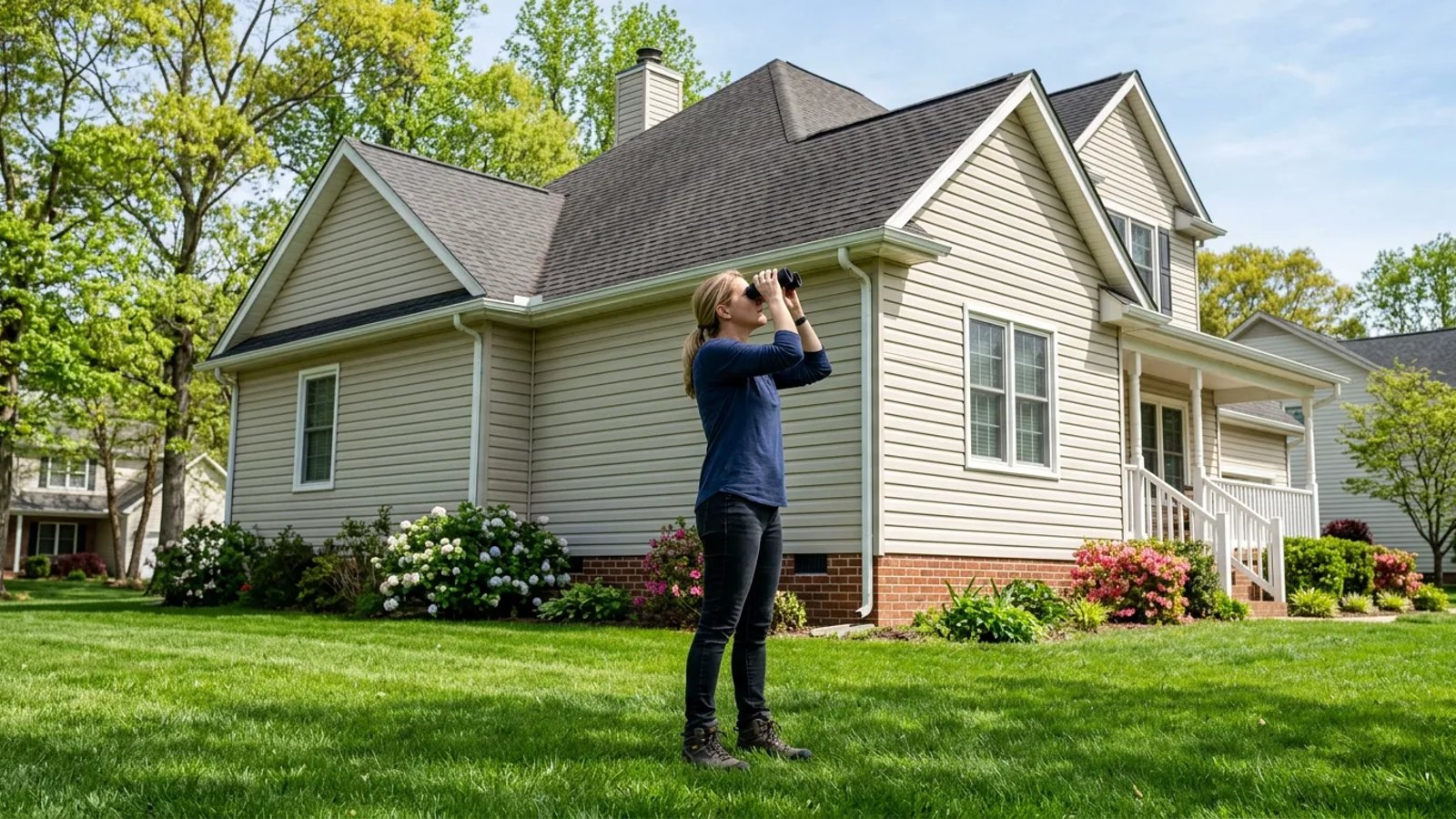 Homeowner using binoculars to safely inspect their roof from the ground