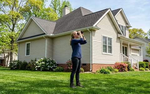 Homeowner using binoculars to safely inspect their roof from the ground