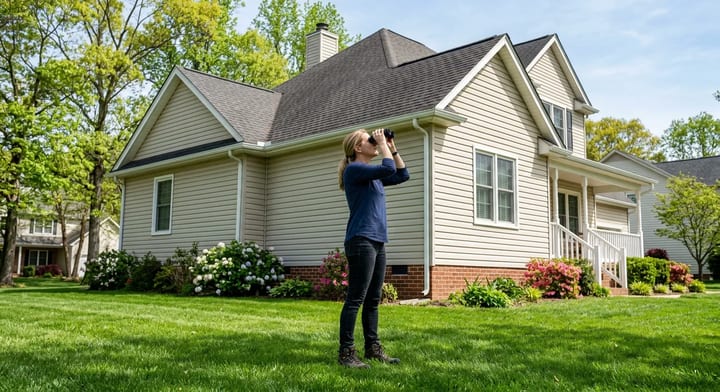 Homeowner using binoculars to safely inspect their roof from the ground