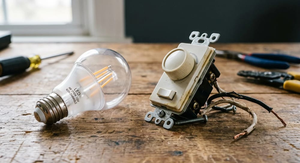 An LED light bulb next to an incompatible older rotary dimmer switch.