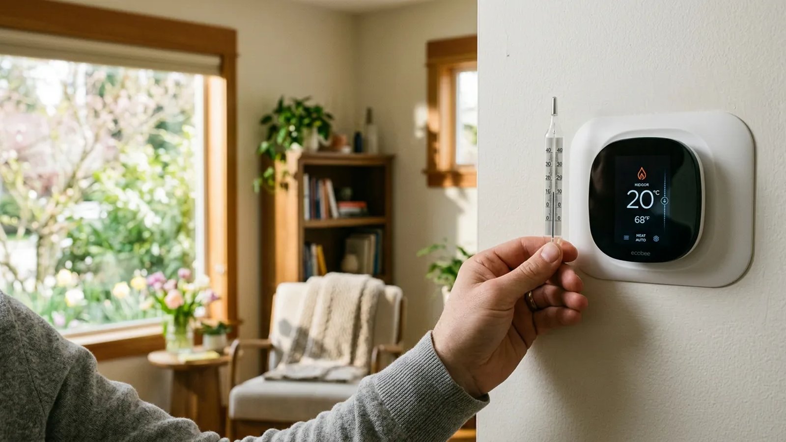 Comparing a glass thermometer reading to a digital wall thermostat