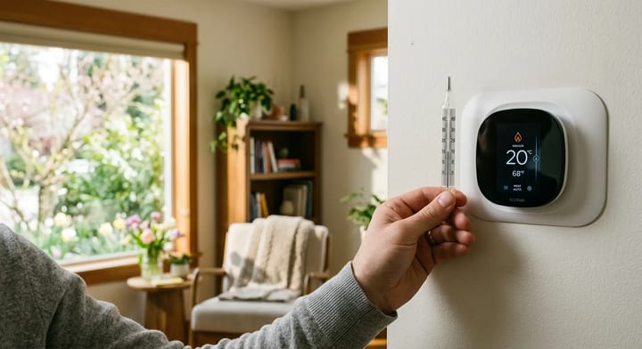 Comparing a glass thermometer reading to a digital wall thermostat