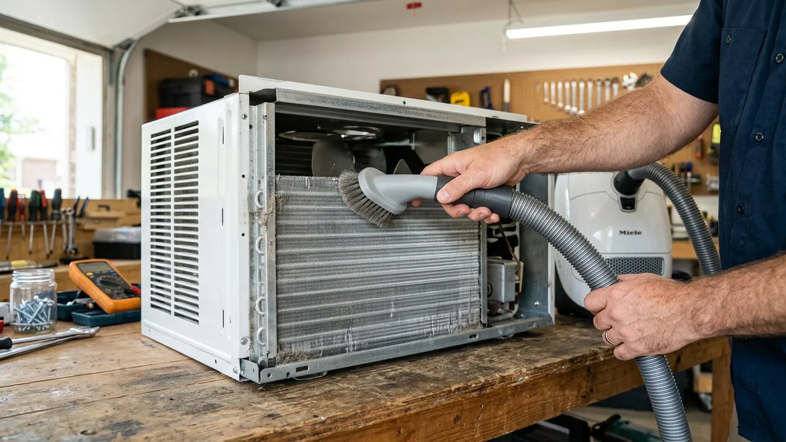 A homeowner vacuuming the delicate aluminum fins of a window air conditioning unit on a workbench.