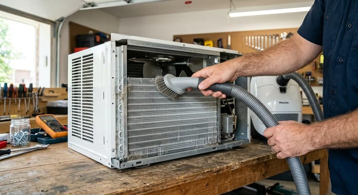 A homeowner vacuuming the delicate aluminum fins of a window air conditioning unit on a workbench.