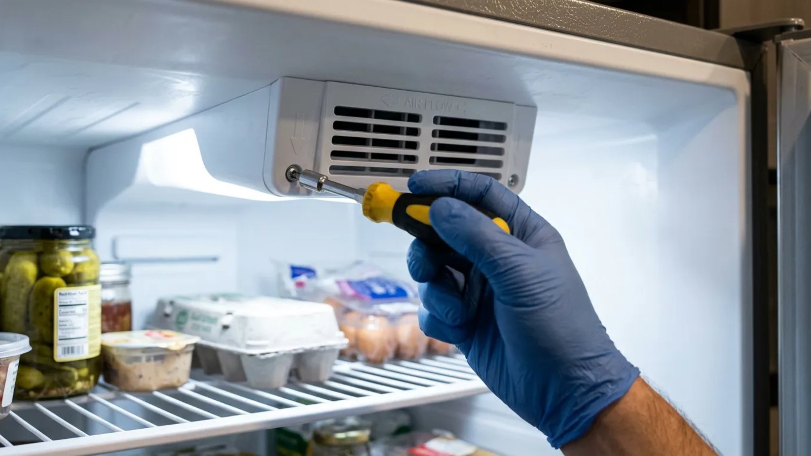 Removing the refrigerator damper control cover inside a fridge