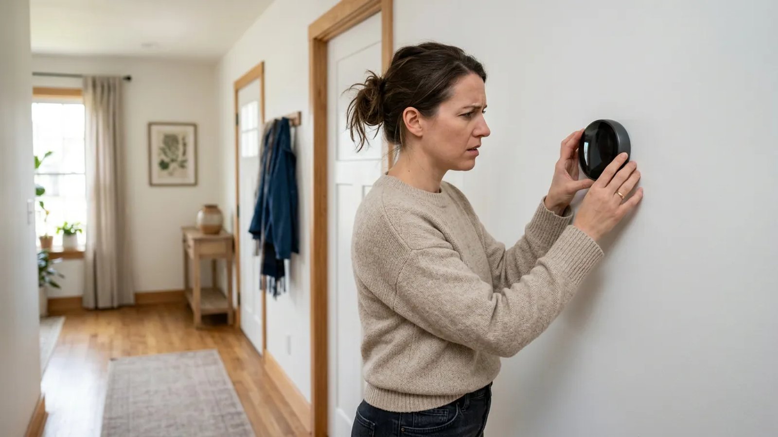 Homeowner looking at a completely blank digital thermostat screen on a hallway wall.