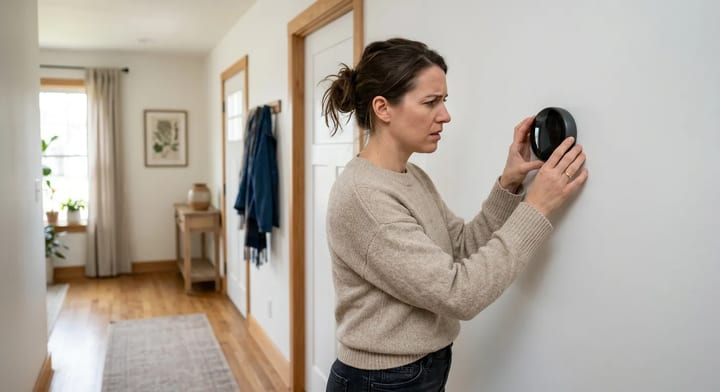 Homeowner looking at a completely blank digital thermostat screen on a hallway wall.