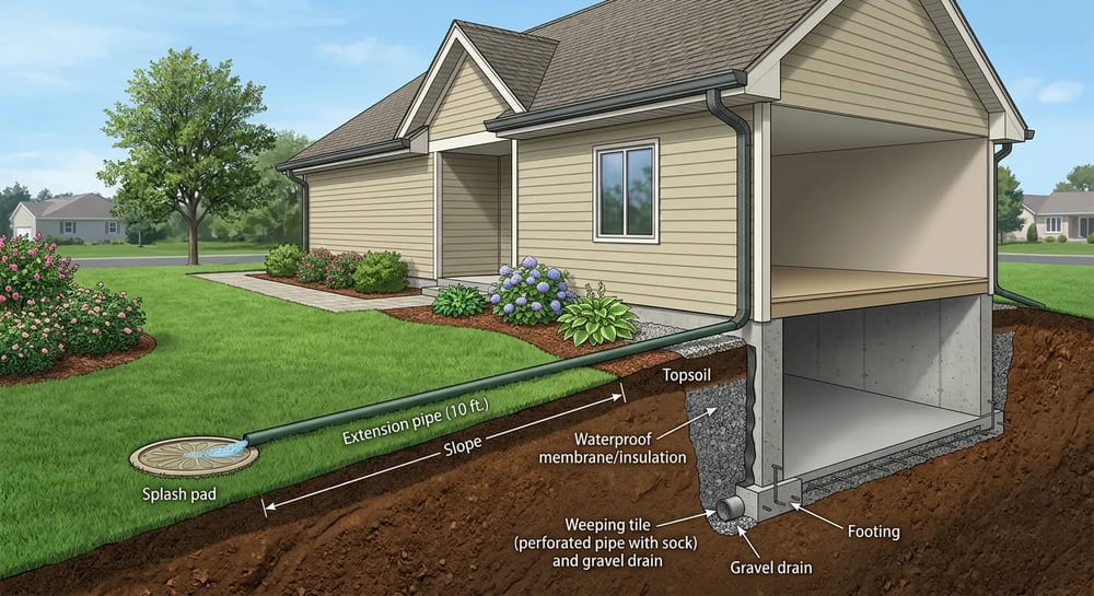 Proper grading and extended downspouts keep water away from your foundation.
