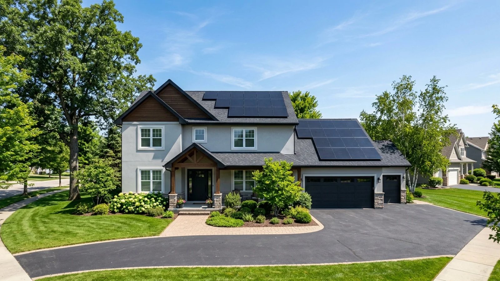 A suburban house with modern black solar panels installed on the roof under a clear blue sky.