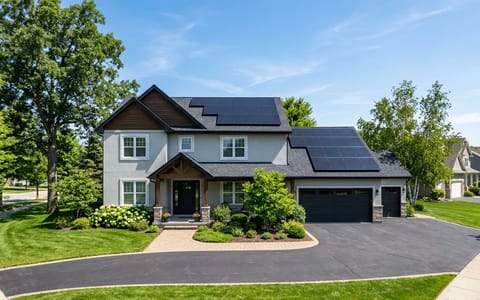 A suburban house with modern black solar panels installed on the roof under a clear blue sky.