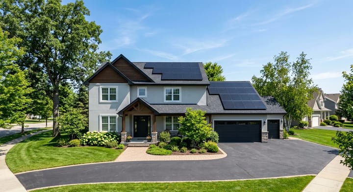 A suburban house with modern black solar panels installed on the roof under a clear blue sky.