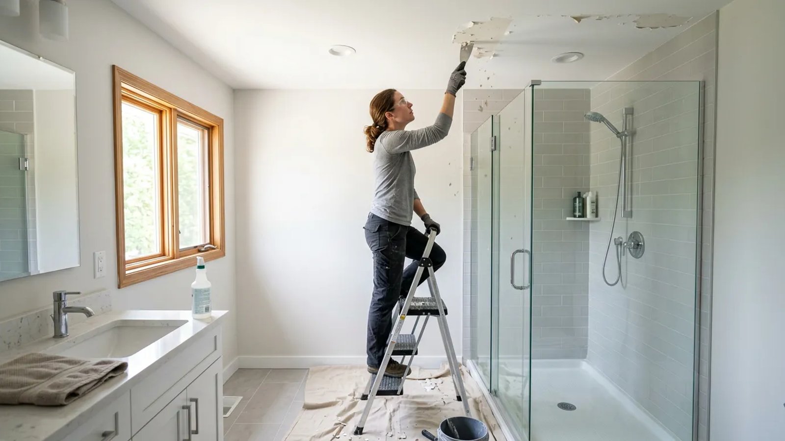 Homeowner scraping peeling paint from a bathroom ceiling above a shower