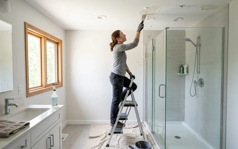 Homeowner scraping peeling paint from a bathroom ceiling above a shower