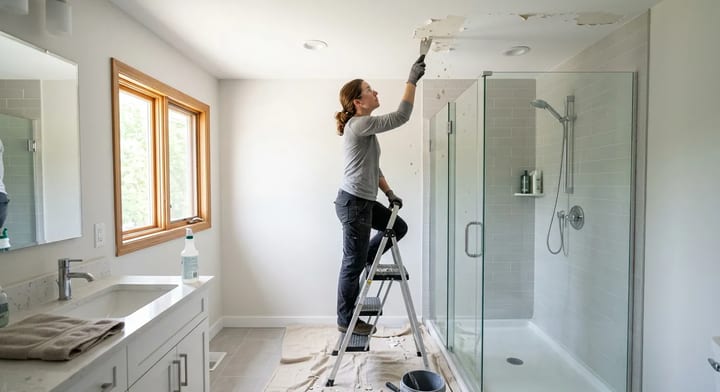 Homeowner scraping peeling paint from a bathroom ceiling above a shower
