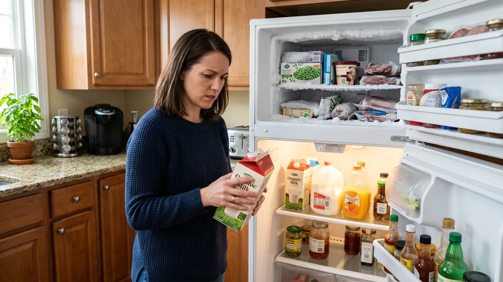Homeowner checking warm milk in a refrigerator while the freezer remains cold.