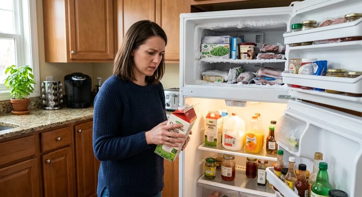 Homeowner checking warm milk in a refrigerator while the freezer remains cold.