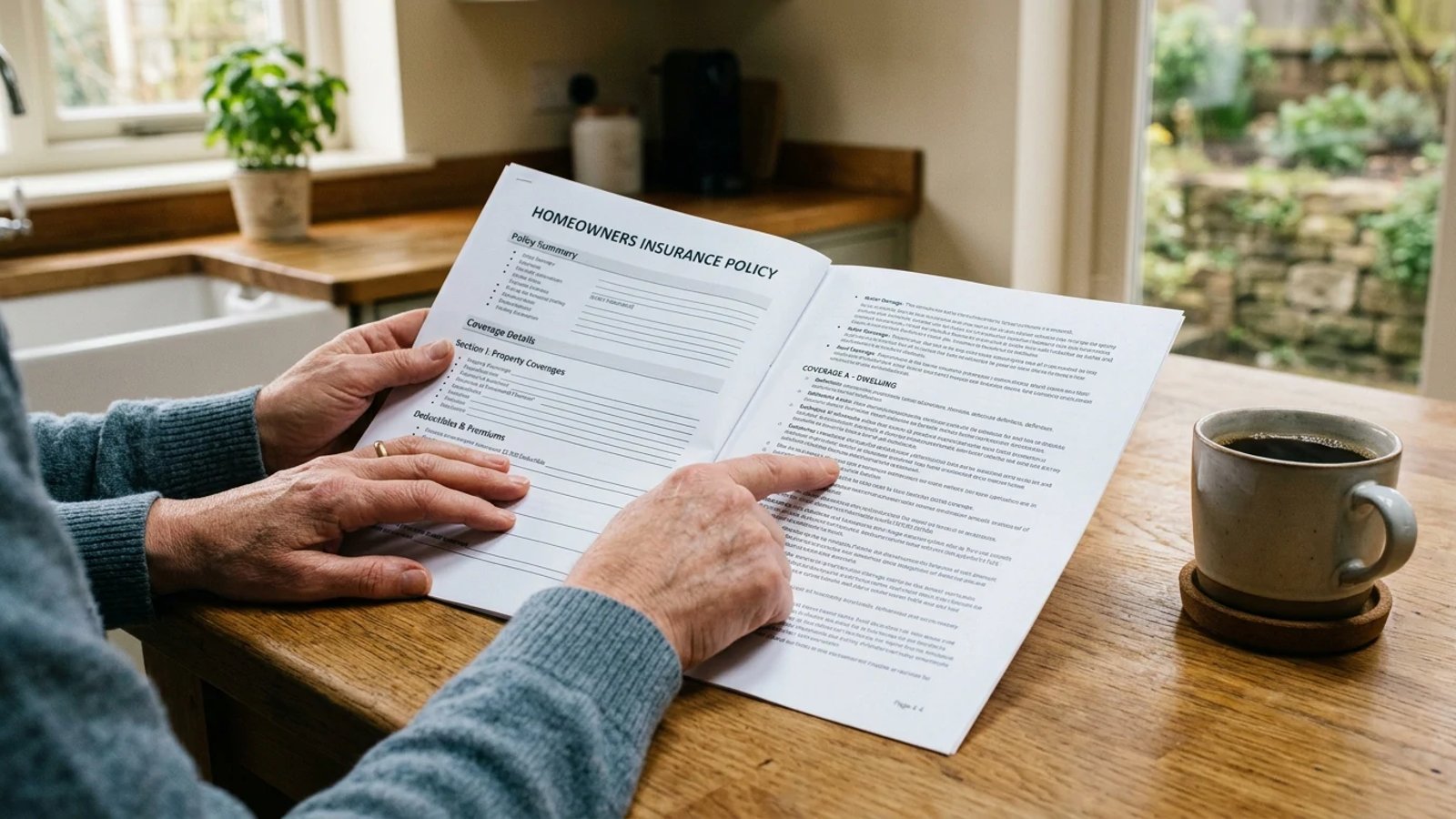Homeowner reviewing an insurance policy document on a kitchen counter