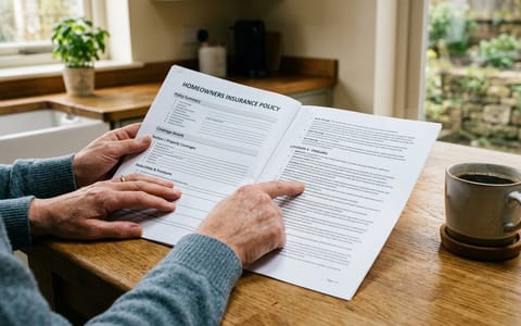Homeowner reviewing an insurance policy document on a kitchen counter
