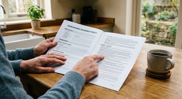 Homeowner reviewing an insurance policy document on a kitchen counter