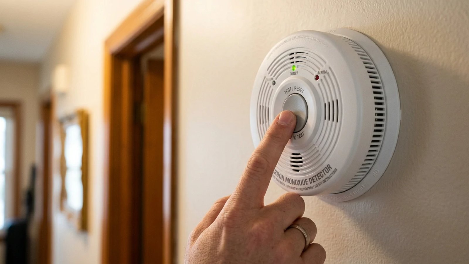 A homeowner pressing the test and reset button on a wall-mounted carbon monoxide detector.