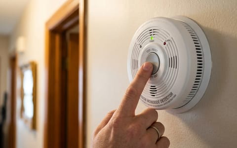 A homeowner pressing the test and reset button on a wall-mounted carbon monoxide detector.