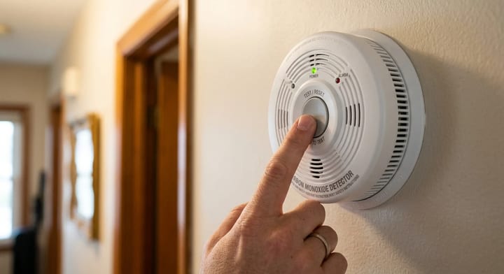A homeowner pressing the test and reset button on a wall-mounted carbon monoxide detector.