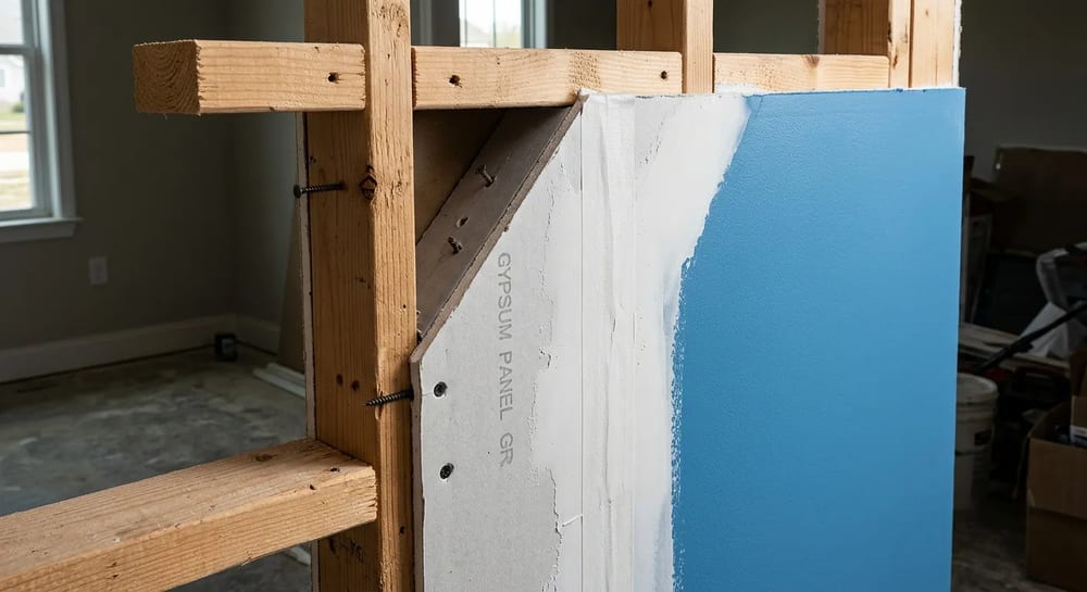 Drywall panels are taped and mudded together to create a smooth, continuous wall.