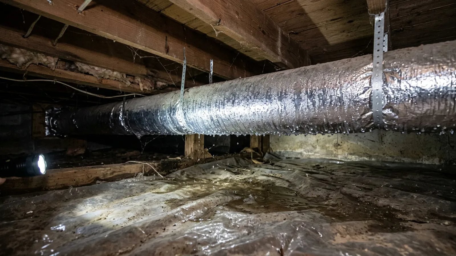 Heavy condensation forming on a silver HVAC duct inside a residential crawl space.