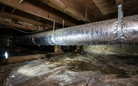 Heavy condensation forming on a silver HVAC duct inside a residential crawl space.