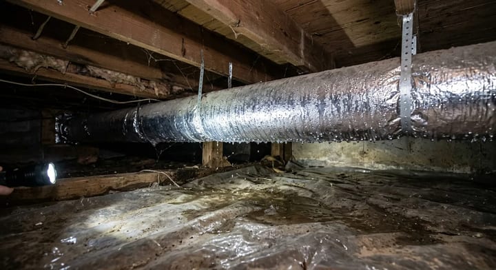 Heavy condensation forming on a silver HVAC duct inside a residential crawl space.