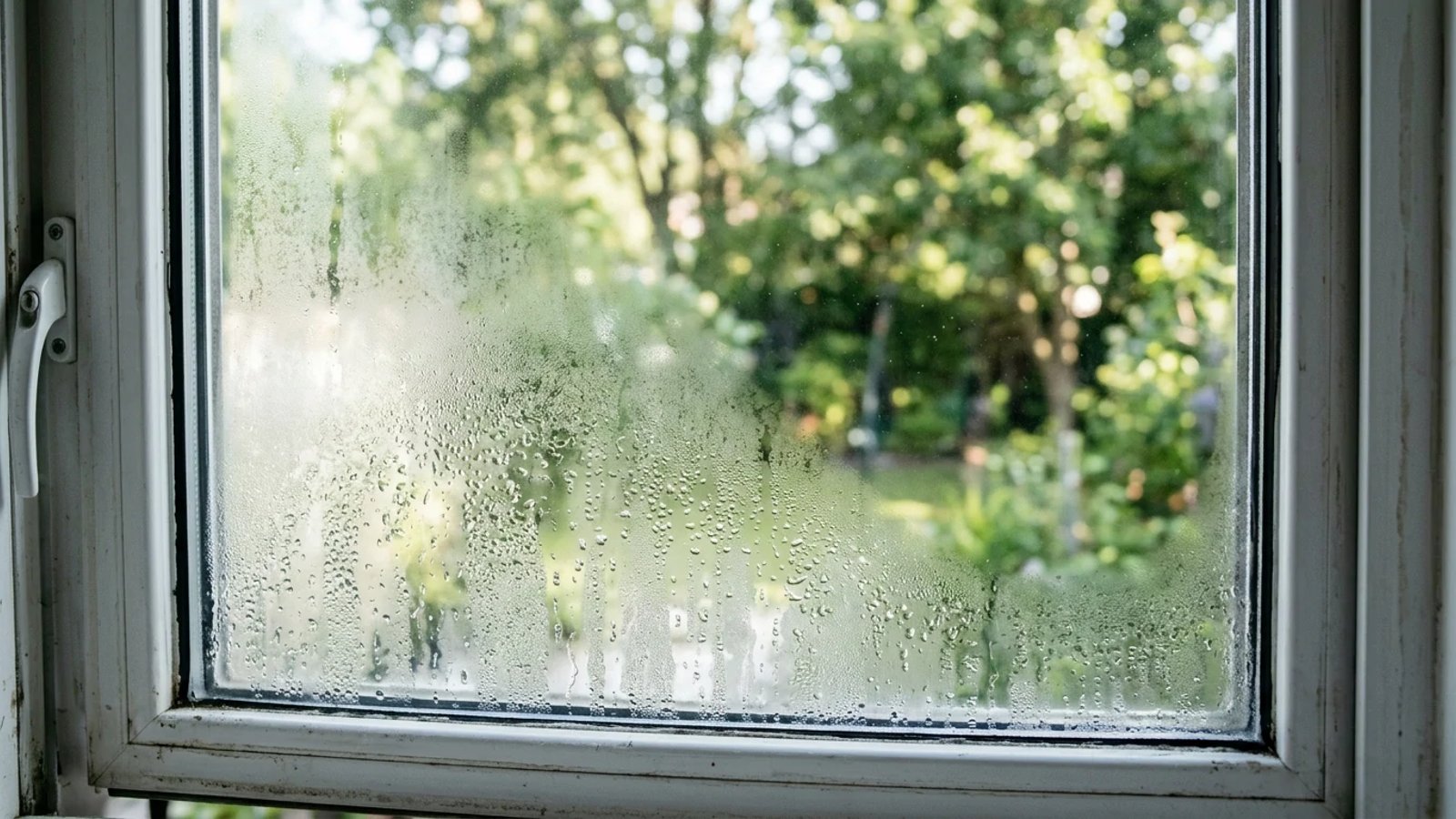 Condensation and fog trapped between the panes of a double-pane residential window.