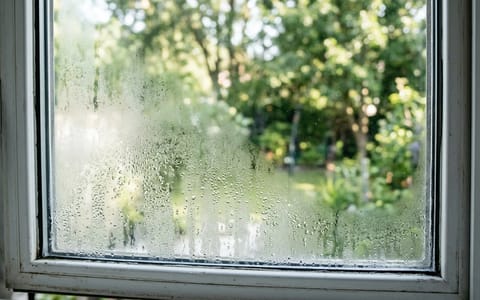 Condensation and fog trapped between the panes of a double-pane residential window.