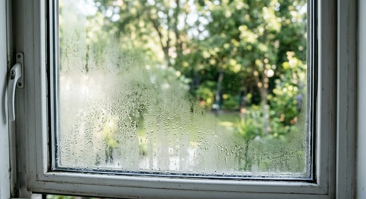 Condensation and fog trapped between the panes of a double-pane residential window.