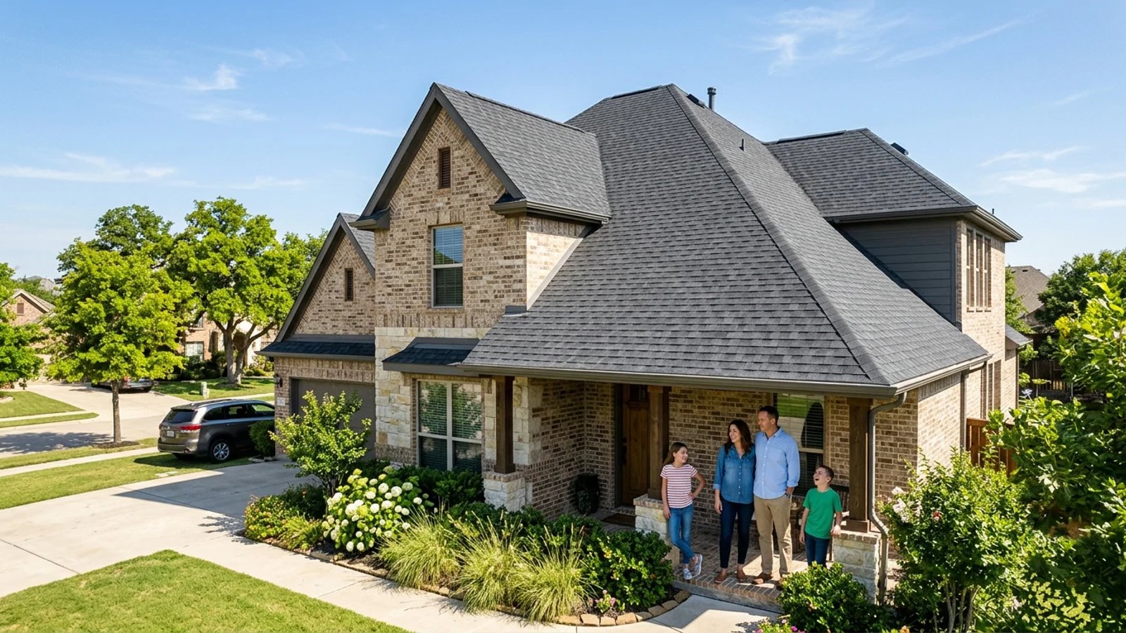 A typical Texas suburban home with a strong, weather-resistant roof.