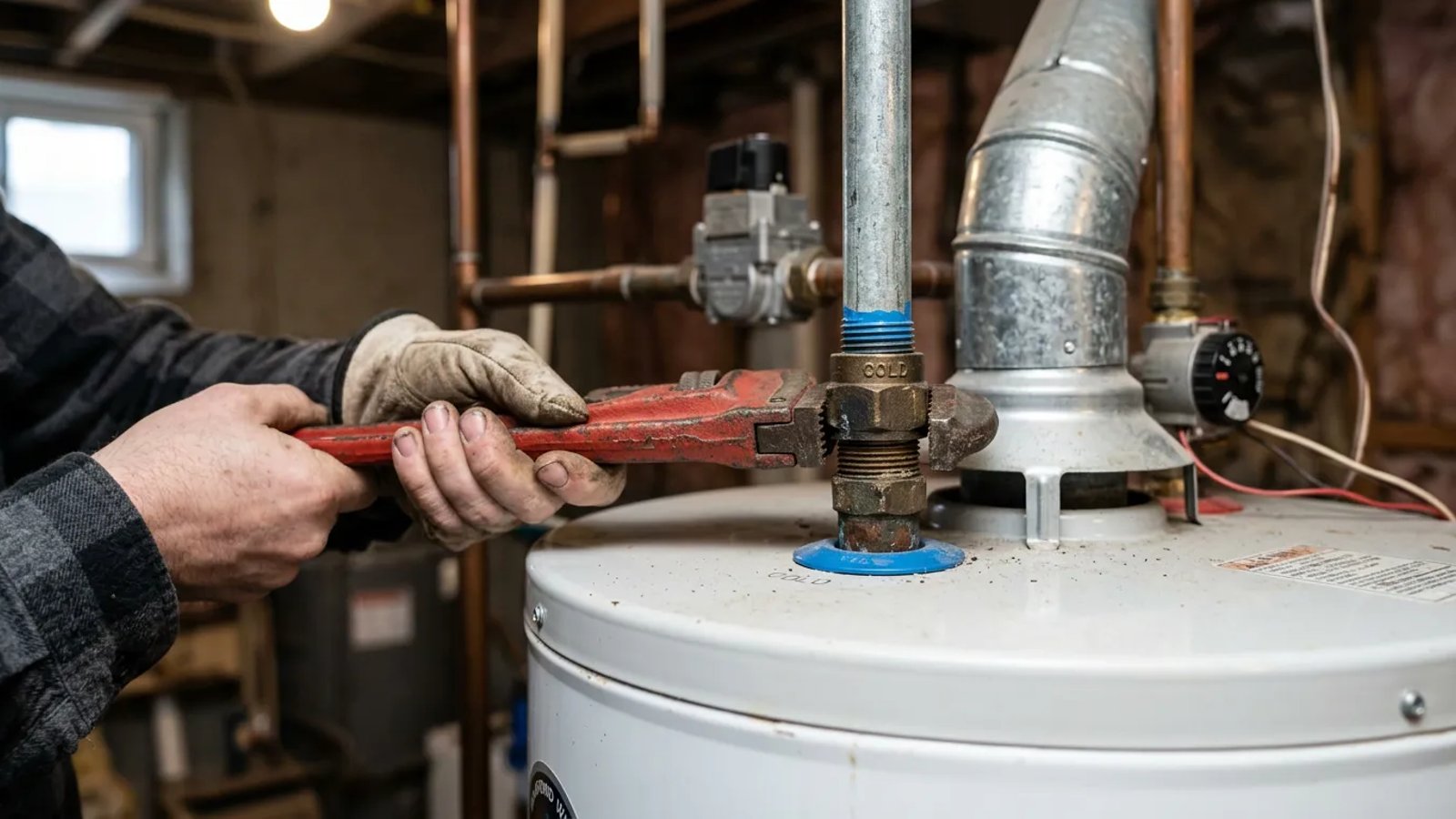 Hands using a pipe wrench on a water heater cold water inlet pipe