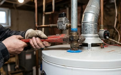 Hands using a pipe wrench on a water heater cold water inlet pipe