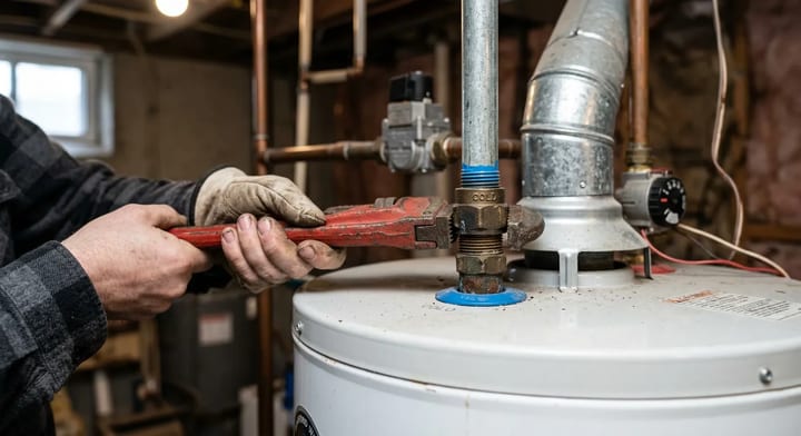 Hands using a pipe wrench on a water heater cold water inlet pipe