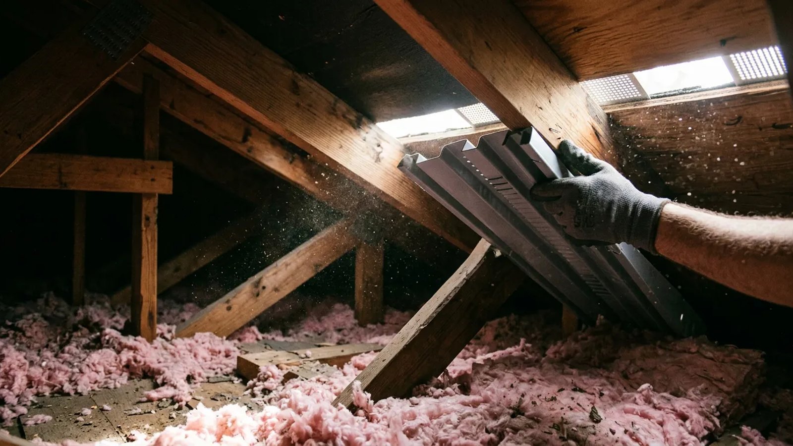 Homeowner installing attic baffles to improve roof ventilation