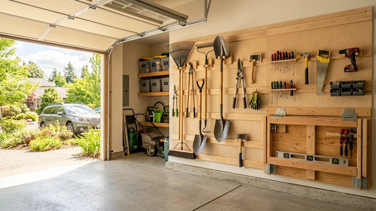 A clean, organized garage featuring DIY wooden tool storage on the walls and a clear floor.