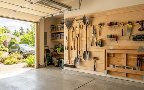 A clean, organized garage featuring DIY wooden tool storage on the walls and a clear floor.