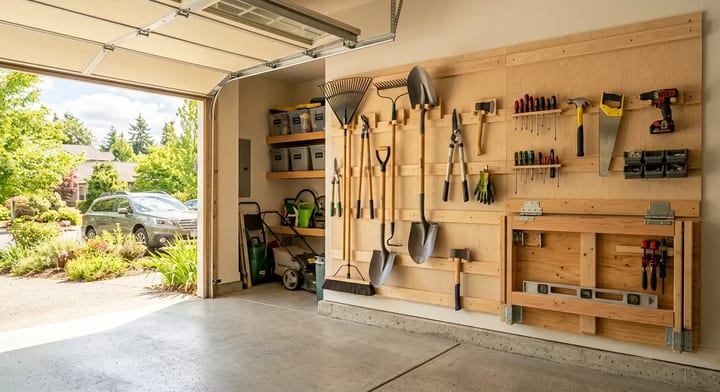 A clean, organized garage featuring DIY wooden tool storage on the walls and a clear floor.