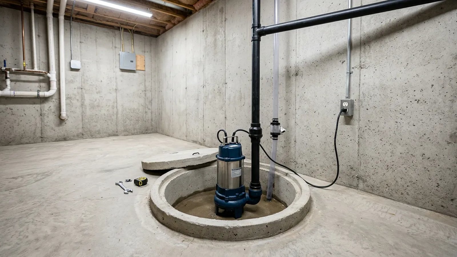A clean sump pump basin in a residential basement.