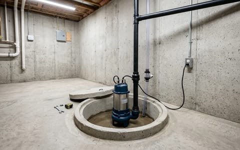 A clean sump pump basin in a residential basement.