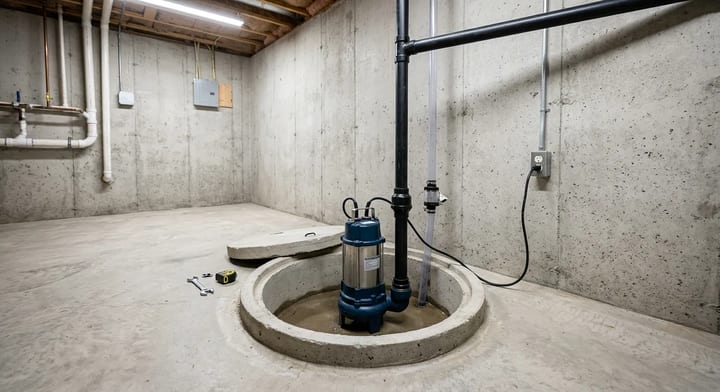 A clean sump pump basin in a residential basement.